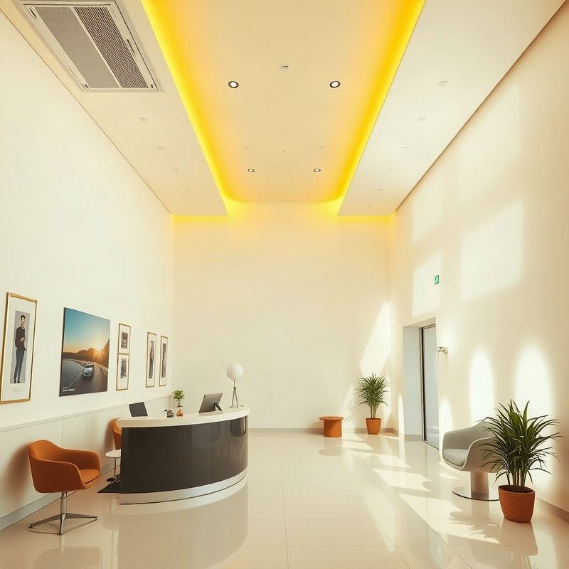 Interior minimalista da recepção da Mintkastro com iluminação âmbar-ouro