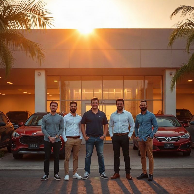 Equipe de seis profissionais em frente à fachada modernista da revendedora na Barra da Tijuca