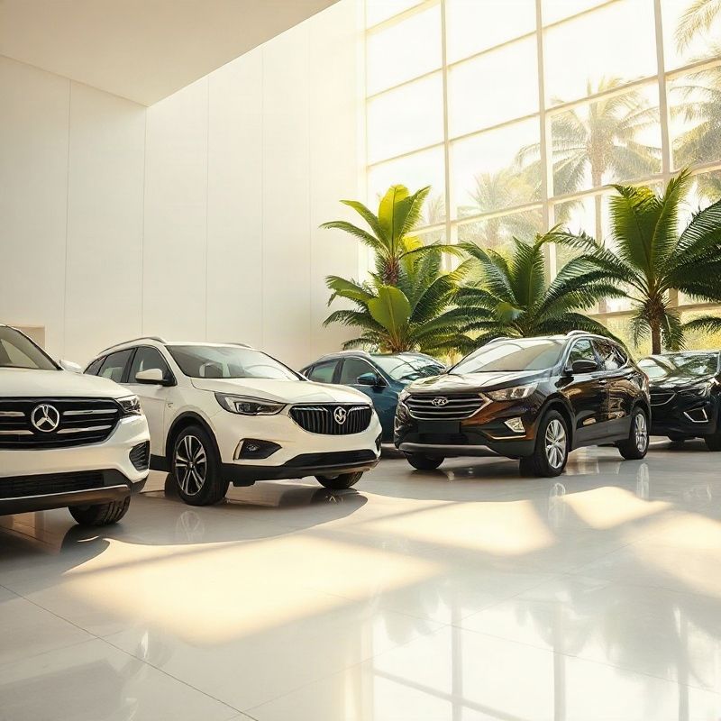 Fileira de sedãs e SUVs inspecionados em showroom iluminado em tom âmbar-ouro